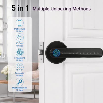 5-in-1 Smart Lock | Fingerprint, Mobile App, Passcode, IC Card & Key